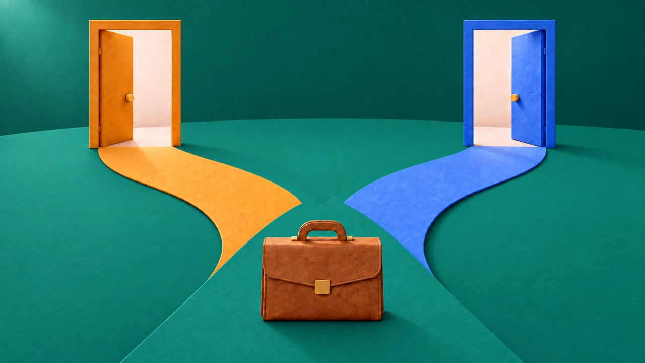 Ilustração tátil de maleta diante de dois caminhos para portas abertas âmbar e azul, sobre fundo verde escuro com luz e sombras suaves.