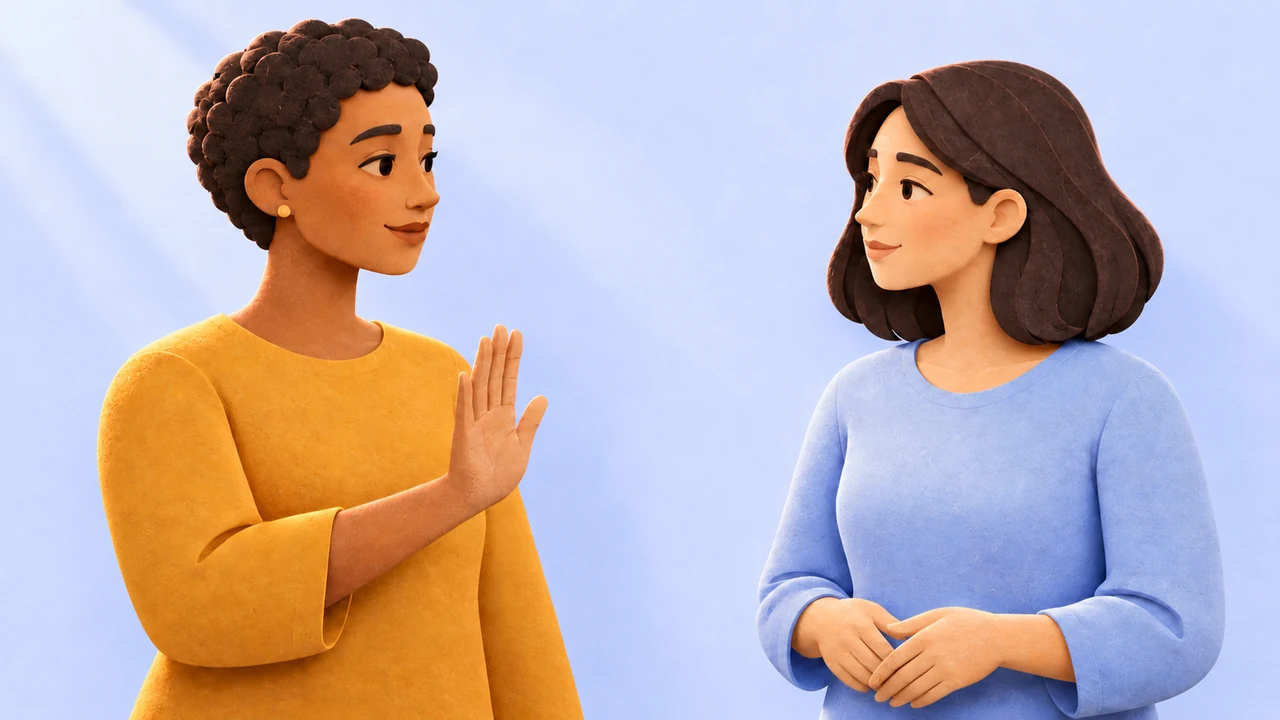 Ilustração tátil de duas adultas conversando calmamente; uma de roupa amarela ergue a palma aberta, outra usa azul claro, sobre fundo azul frio muito claro.