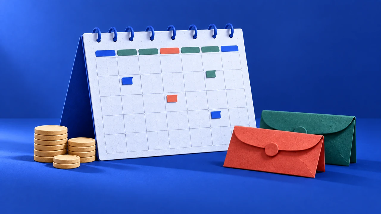 Ilustração tátil de calendário mensal claro, moedas e envelopes coral e teal sobre fundo cobalto.