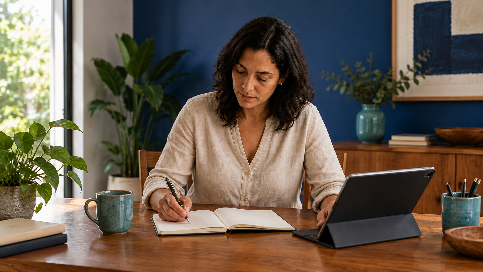 Mulher consultando um tablet e escrevendo em um caderno à mesa de casa.