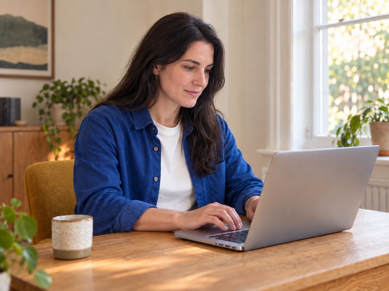Mulher de cabelo preto longo e camisa azul usando um notebook à mesa, perto de uma janela.