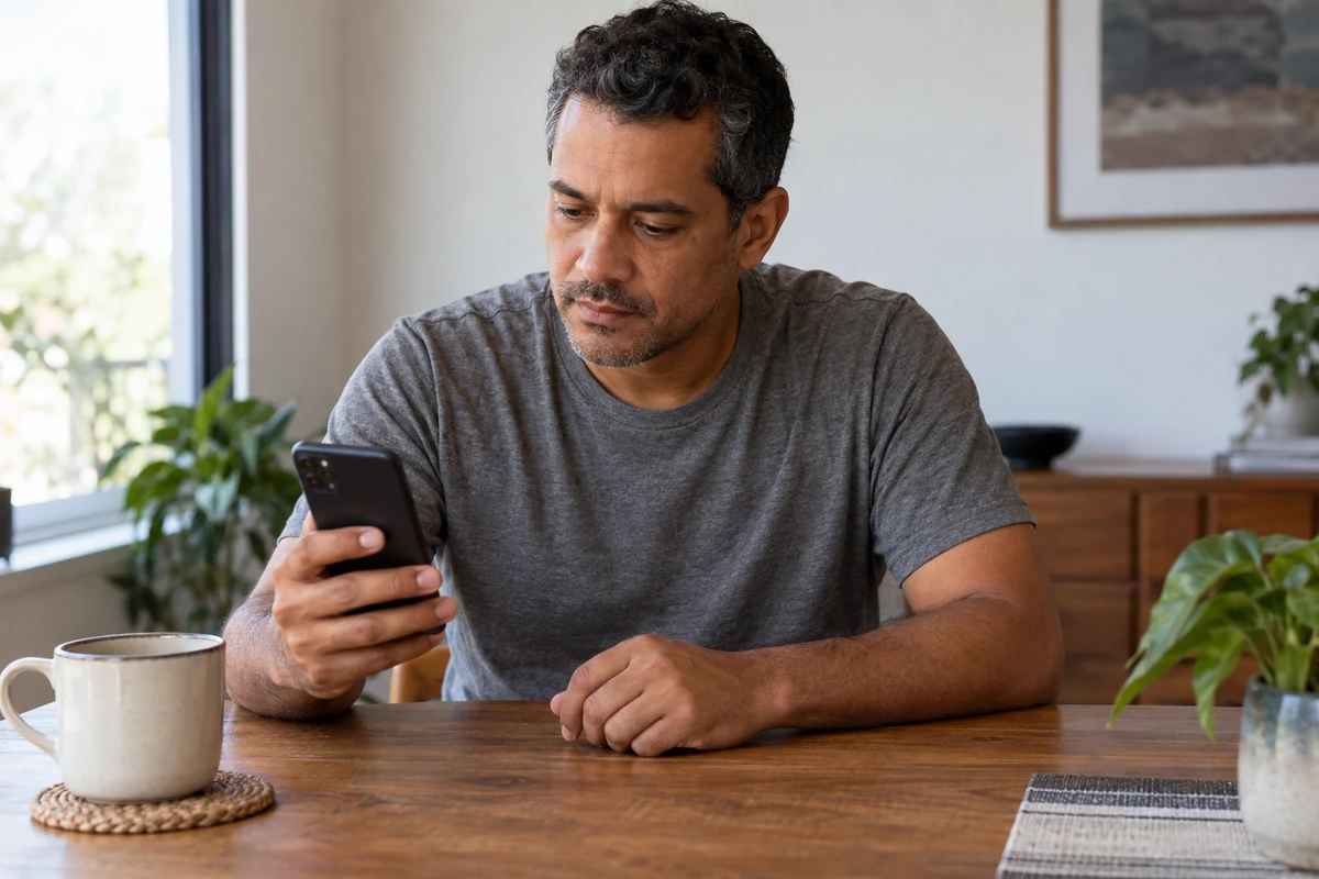 Homem sentado à mesa olha para um celular que segura em uma das mãos, perto de uma janela.