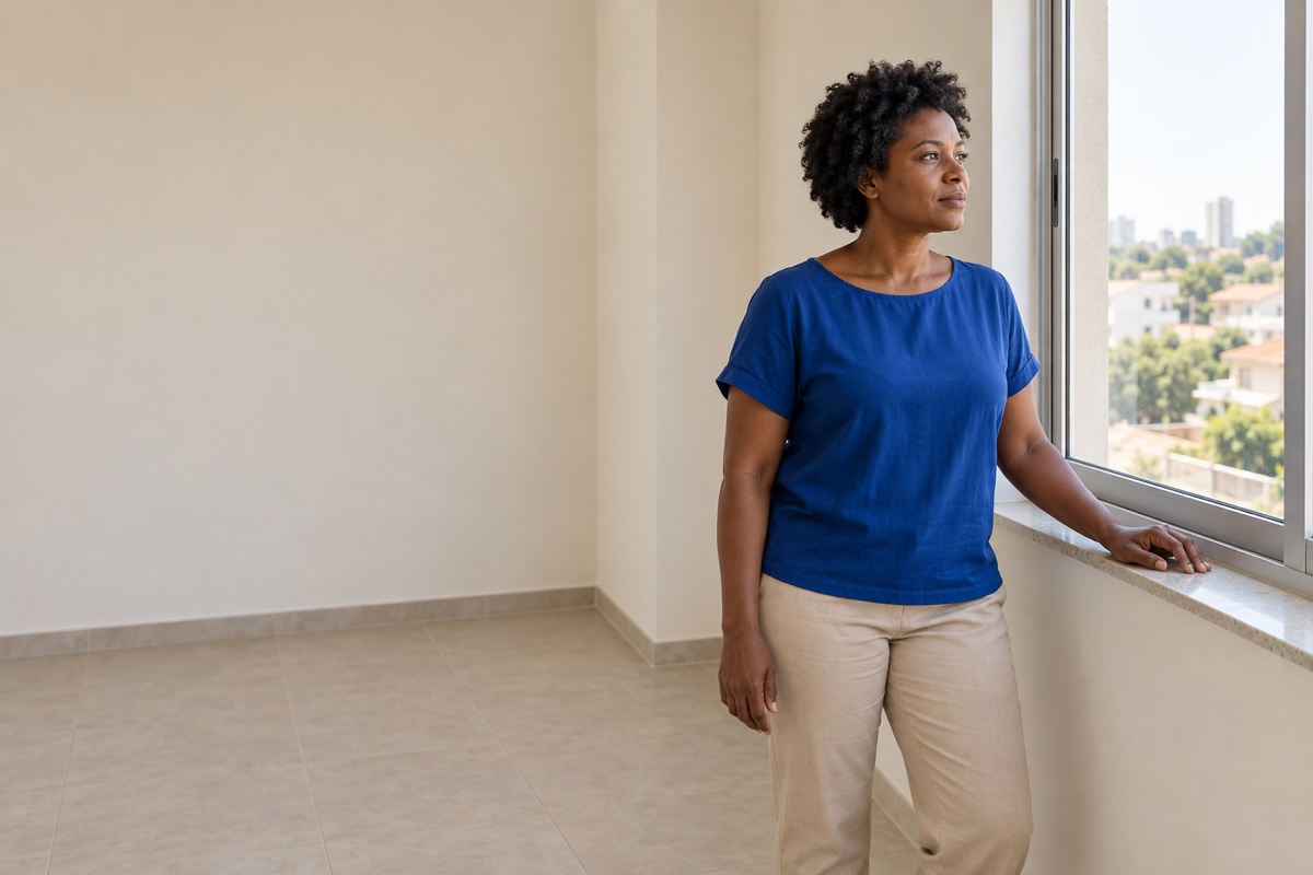 Mulher de blusa azul observa a vista pela janela de um cômodo vazio.