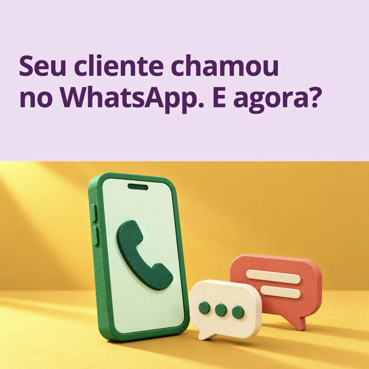 Celular verde e balões de conversa em marfim e coral sobre fundo amarelo.