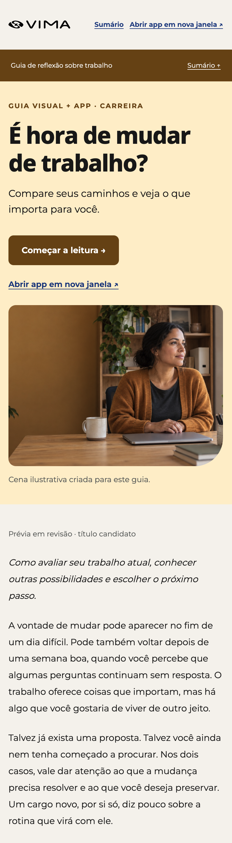 Captura real de prévia do guia de É hora de mudar de trabalho?. Badge histórico “Prévia em revisão · título candidato” ainda visível na captura.
