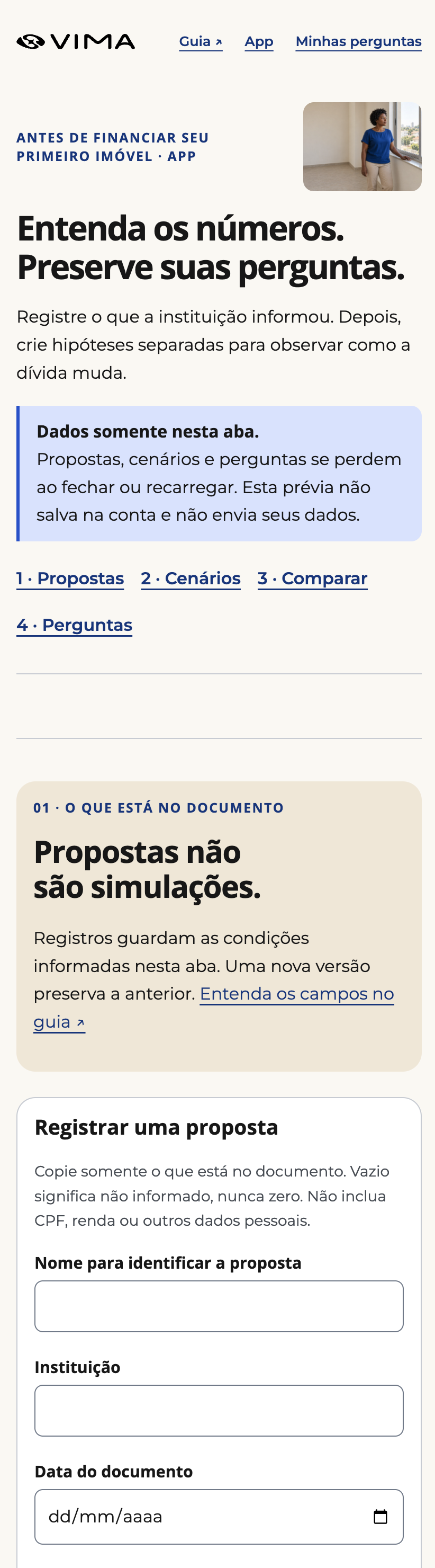 Captura real de prévia do app de Antes de financiar seu primeiro imóvel. Foto de abertura presente. Proposta vazia; aviso de dados apenas na aba.