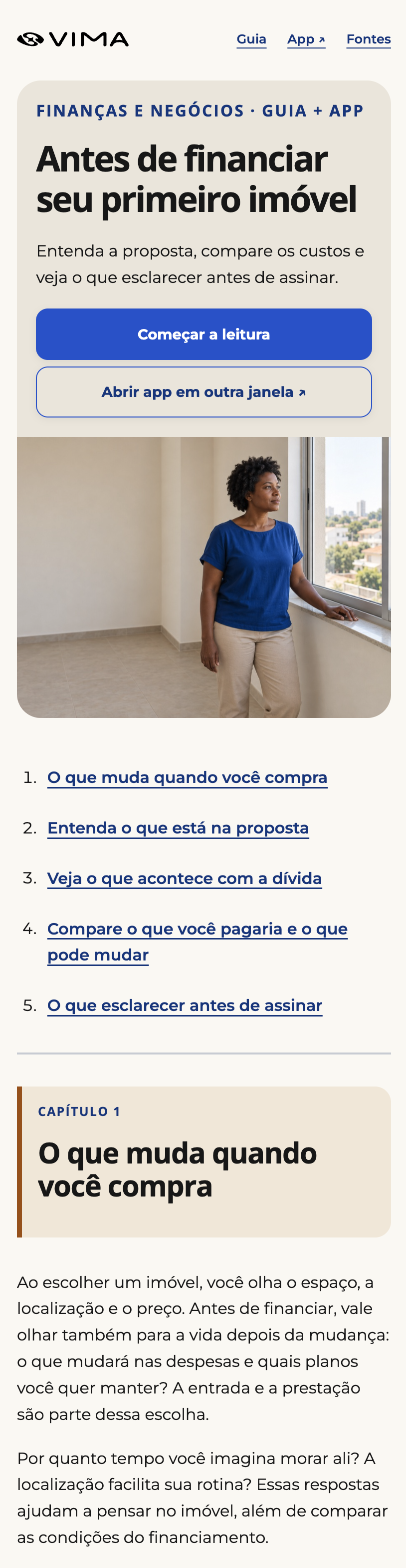 Captura real de prévia do guia de Antes de financiar seu primeiro imóvel. Referência da adaptação móvel; foto abaixo do texto no mesmo painel.